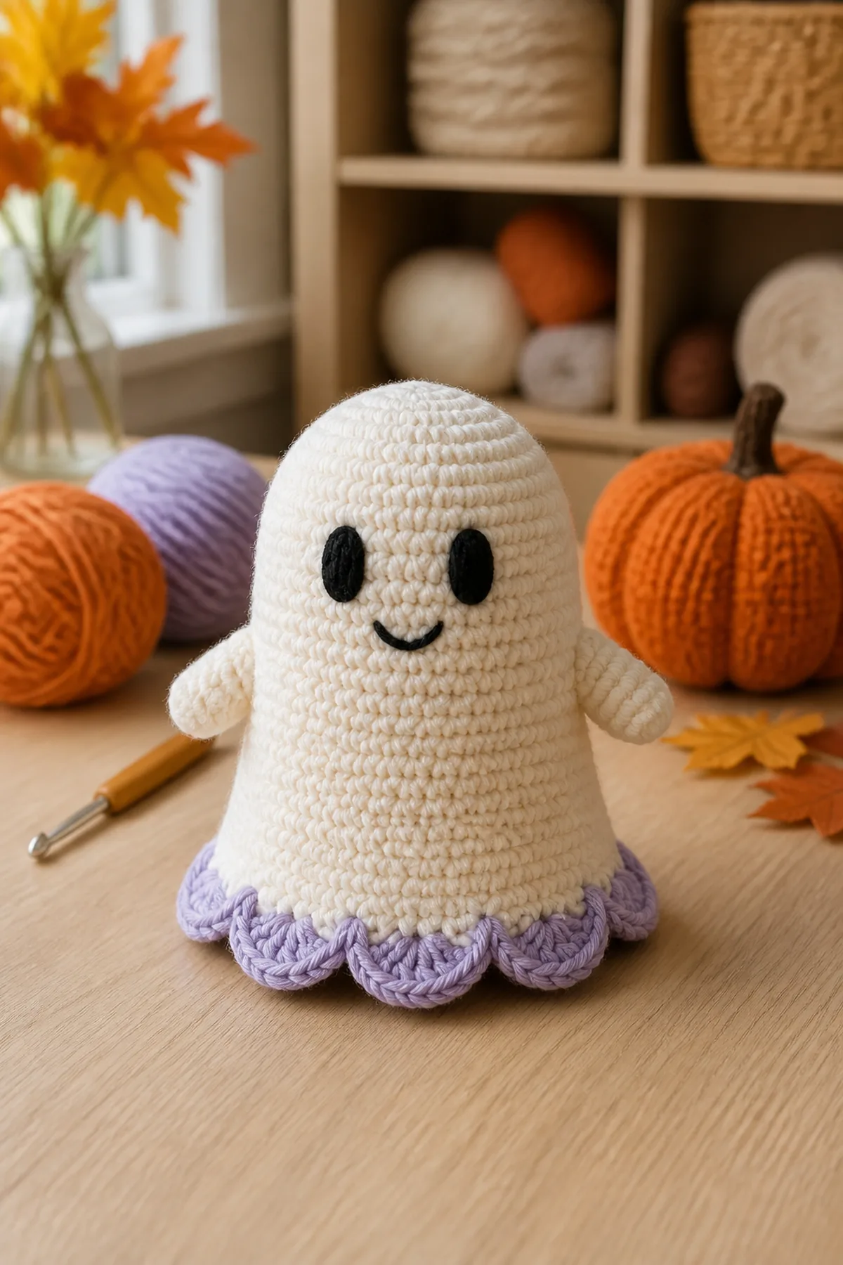 Cream crochet ghost with embroidered black face, small arms, and lavender scalloped edge