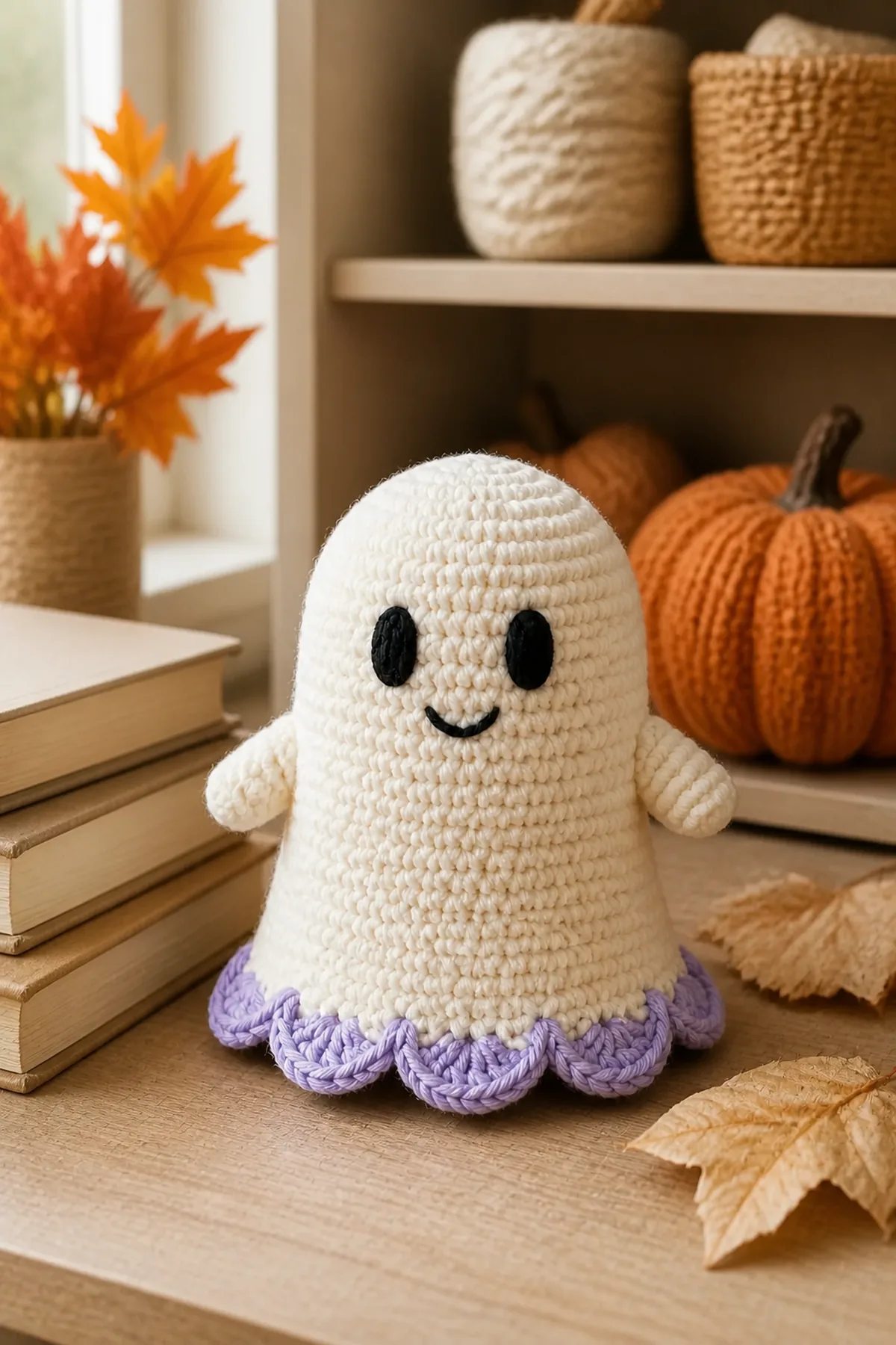 Finished cream and lavender crochet ghost displayed beside books and fall leaves