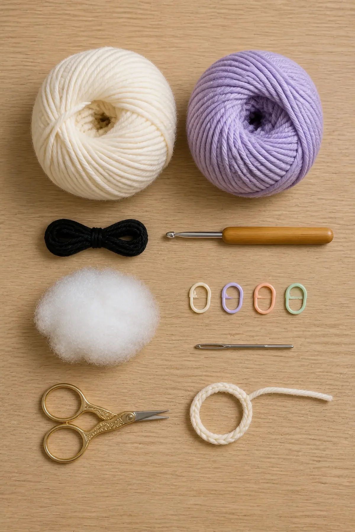 Cream, lavender, and black yarn with hook, stuffing, markers, needle, and ghost supplies