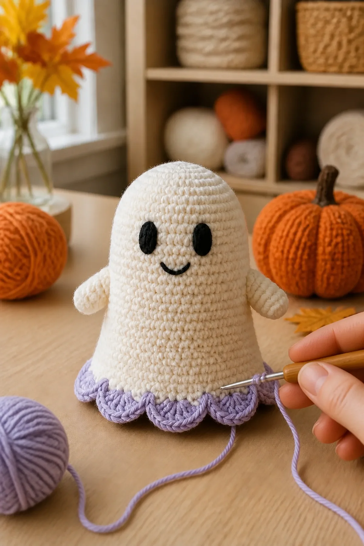 Cream ghost with integrated arms while lavender scallops are added to the lower edge