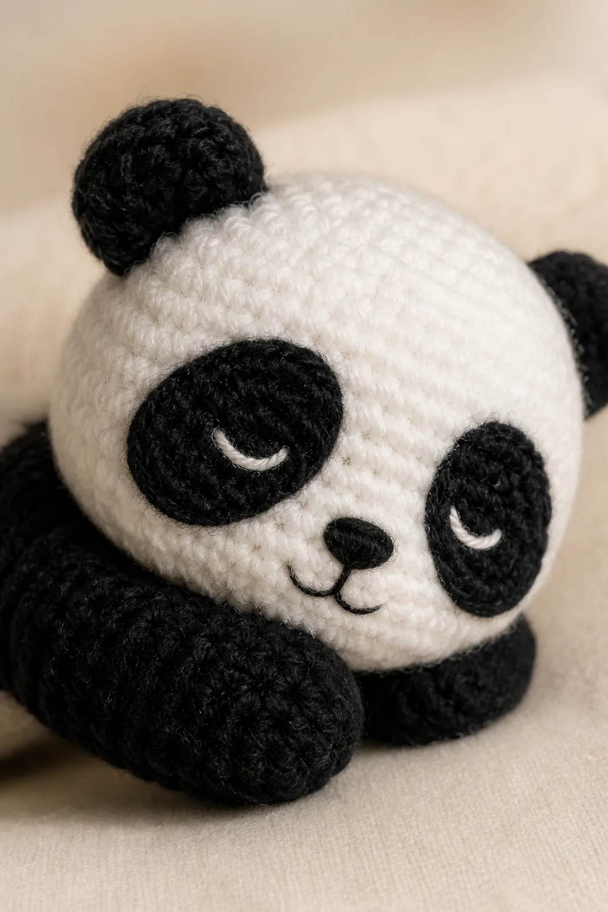 Sleepy embroidered panda face and reinforced chenille ear seam