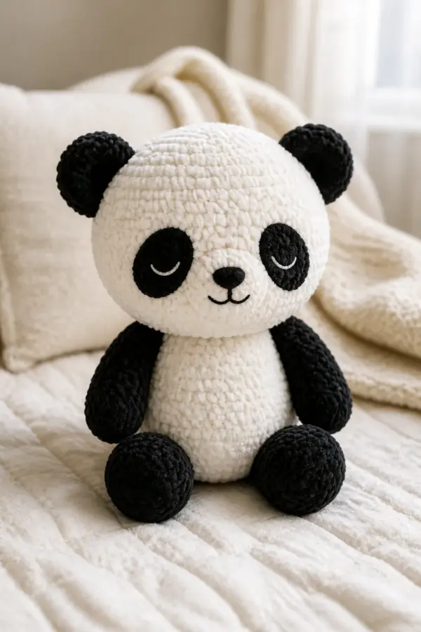 Soft sleepy cream and black chenille baby panda plush