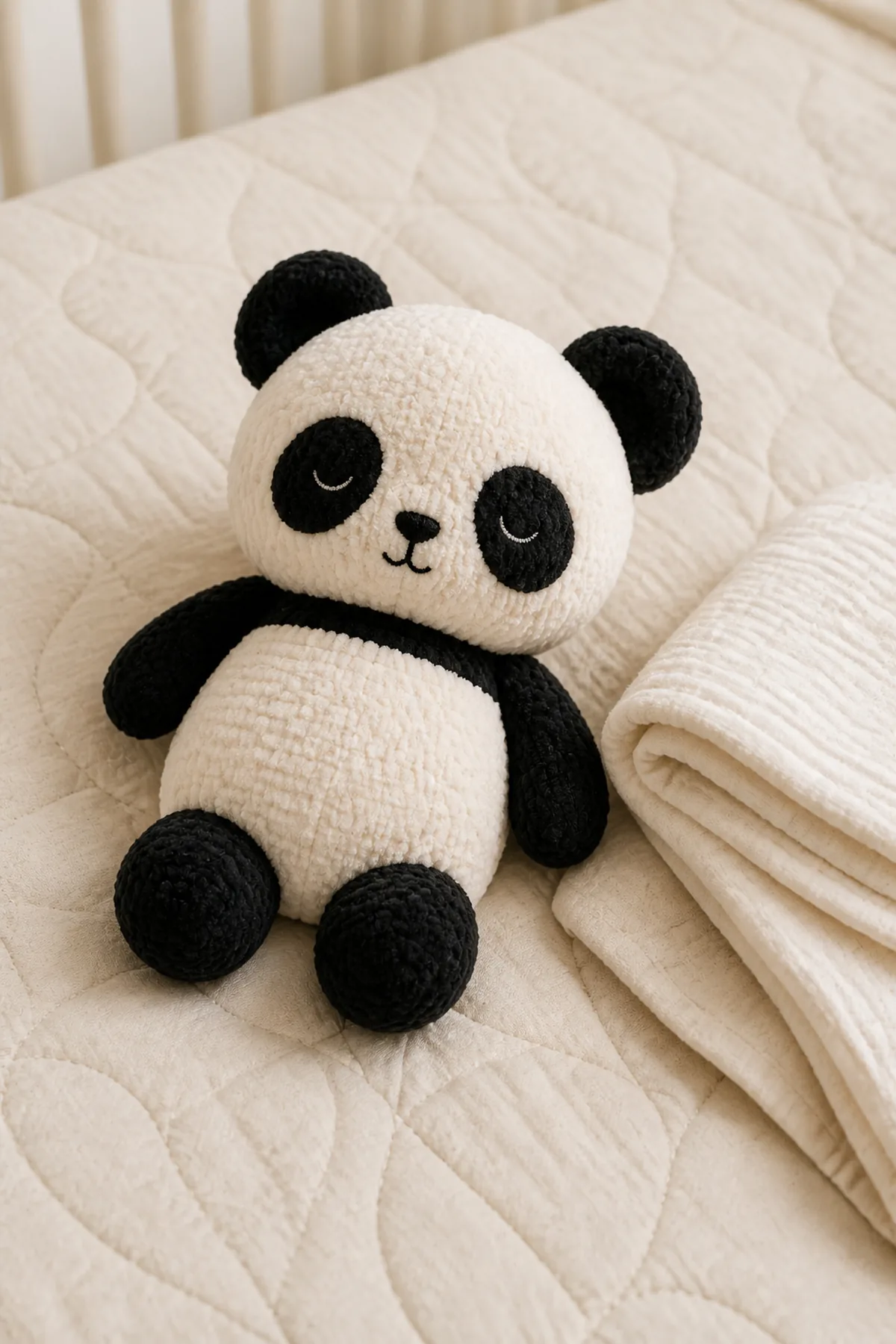 Finished baby panda plush resting on a neutral nursery quilt