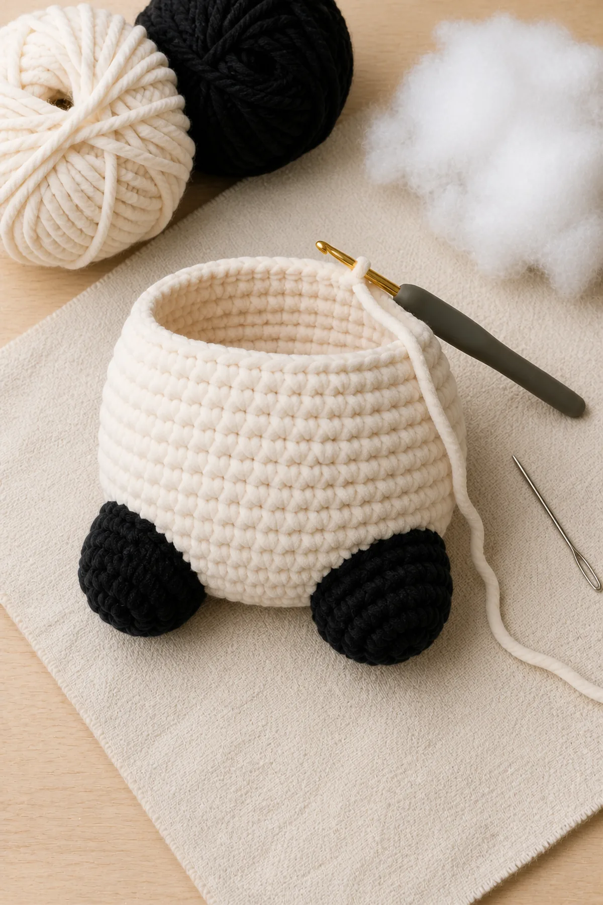 Large cream chenille panda body in early construction