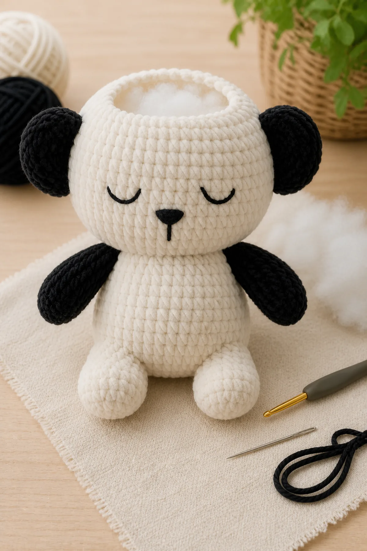 Stuffed baby panda pieces positioned for secure yarn attachment