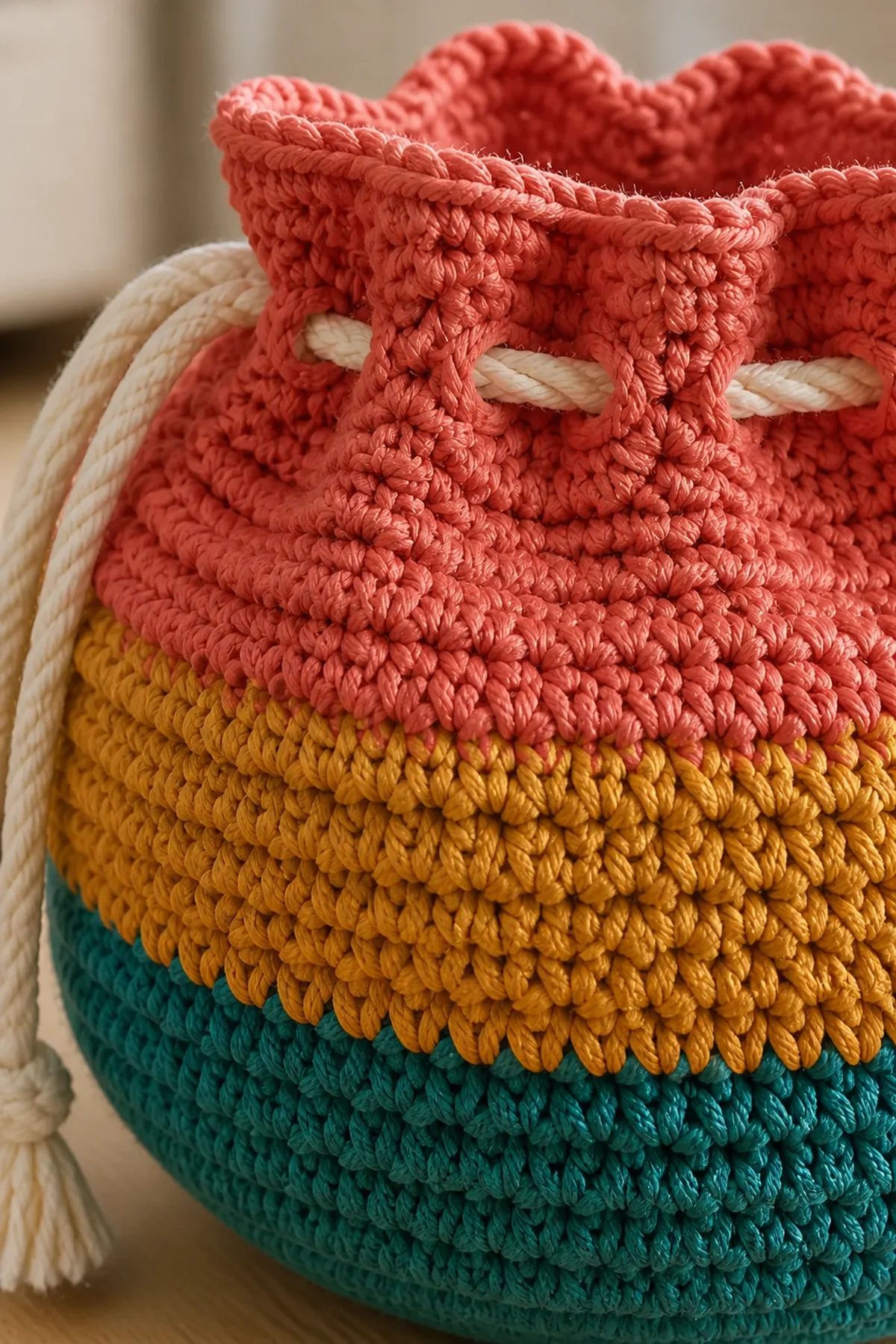 Close-up of coral crochet eyelets threaded with a cream drawstring