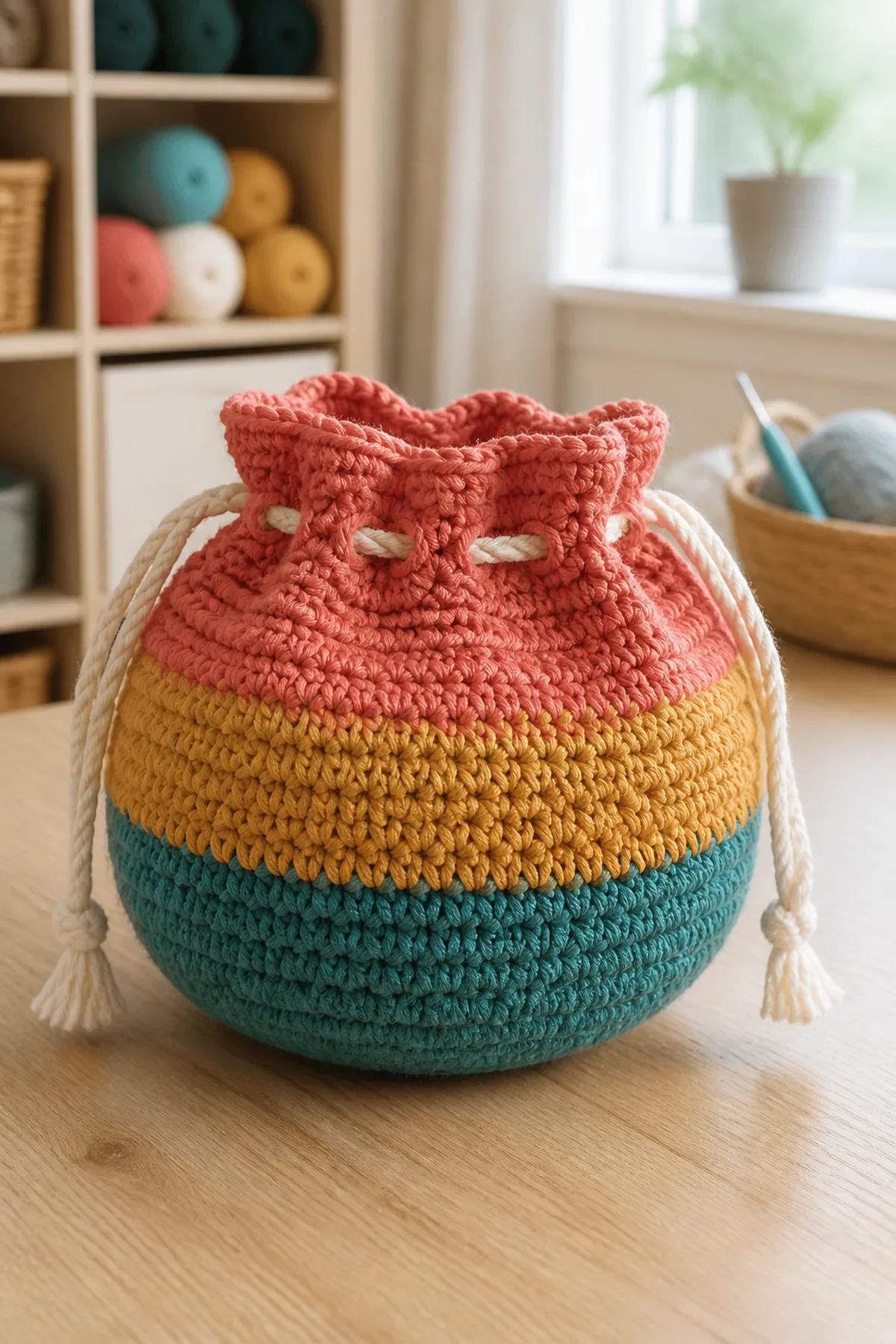Teal, mustard, and coral spherical crochet drawstring bag with cream cords
