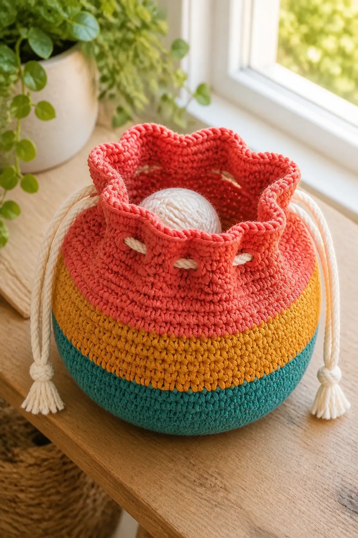 Open unlined color-block crochet drawstring bag holding a small yarn ball