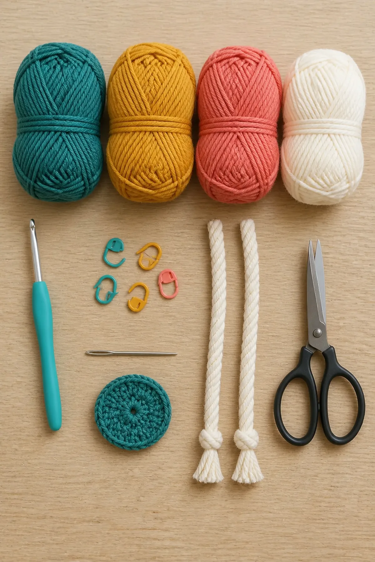 Teal, mustard, coral, and cream yarn with hook, markers, cords, and a started round base