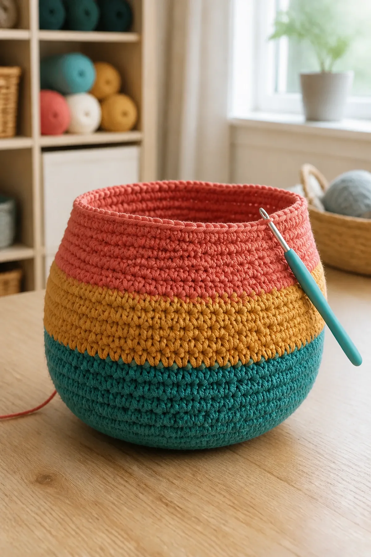 Rounded teal and mustard bag with the coral upper band in progress