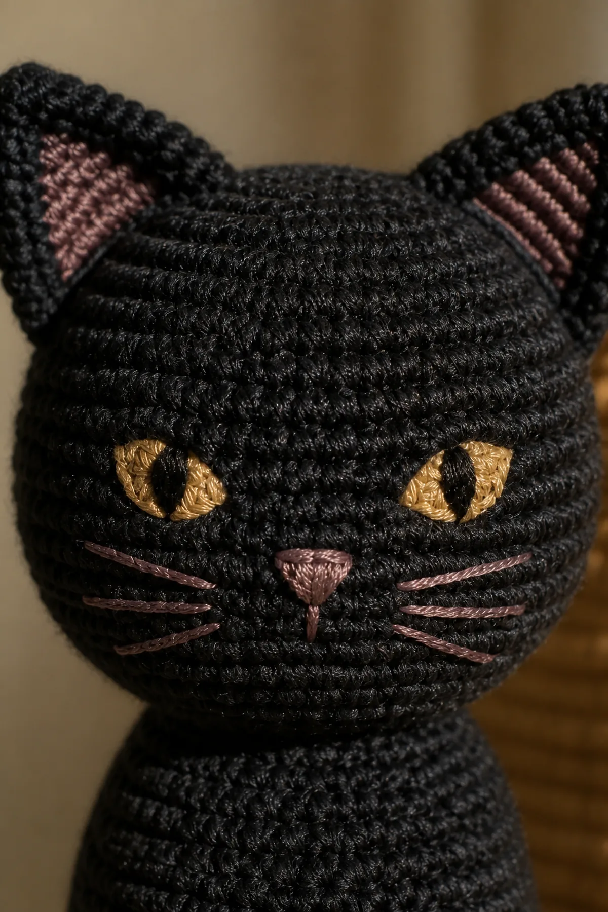 Close-up of embroidered amber eyes, pink yarn nose, plum ear, and black stitches