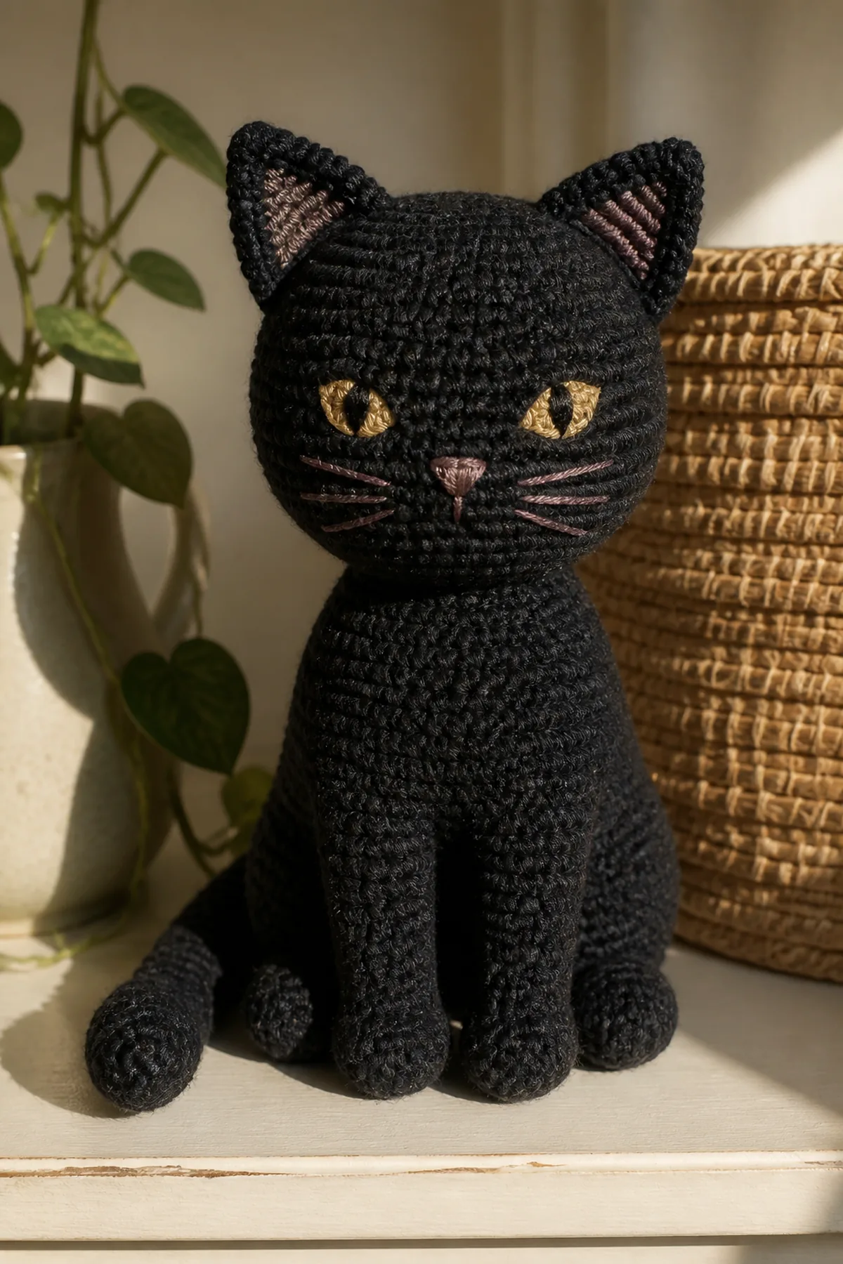 Seated black crochet cat with embroidered amber eyes and curved tail