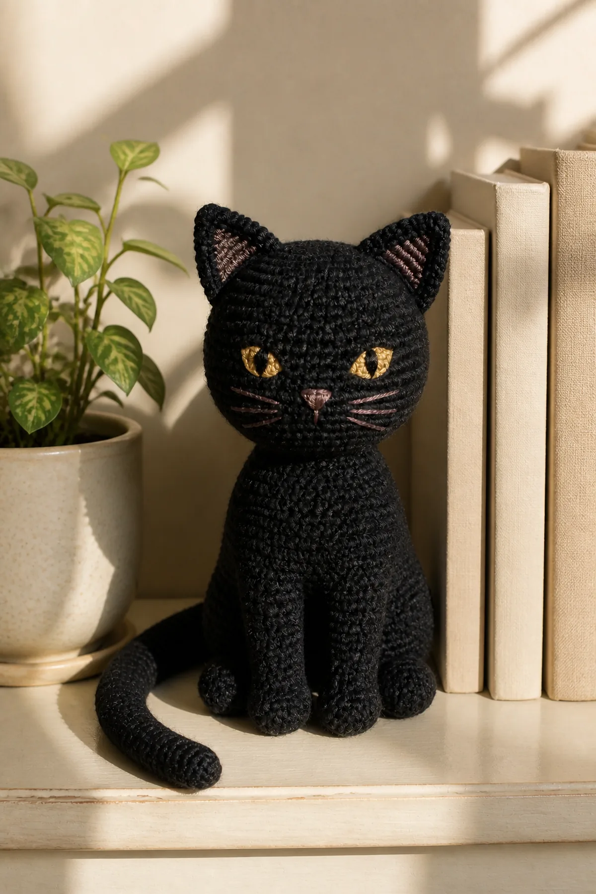 Finished black cat amigurumi sitting beside books on a bright shelf