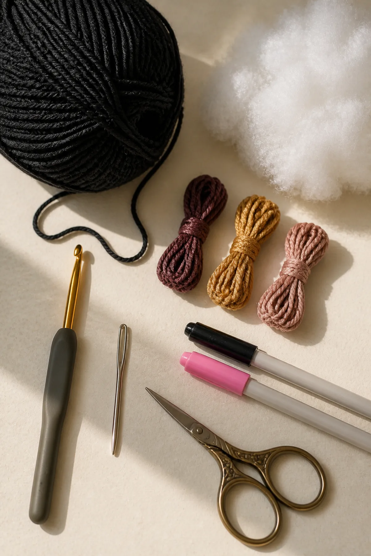 Black cotton yarn, embroidery colors, hook, stuffing, markers, needle, and scissors