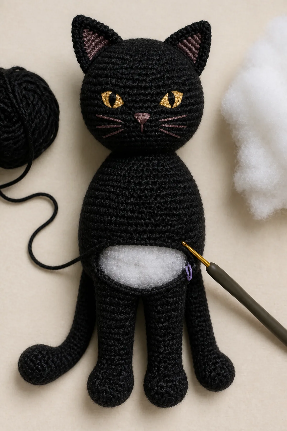 Open black crochet cat body being stuffed during decrease rounds