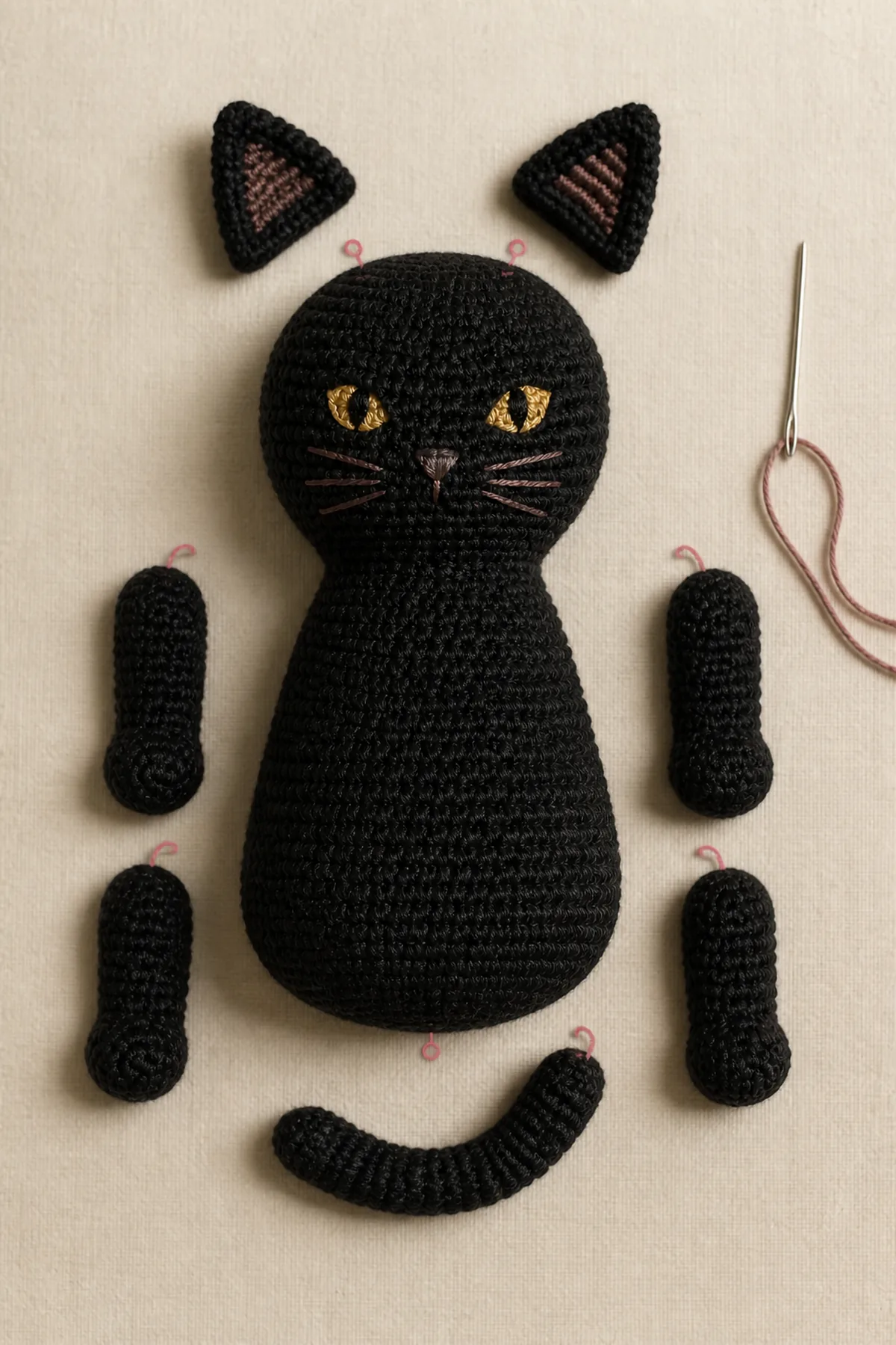 Black cat body with ears, paws, and tail arranged at marked sewing positions