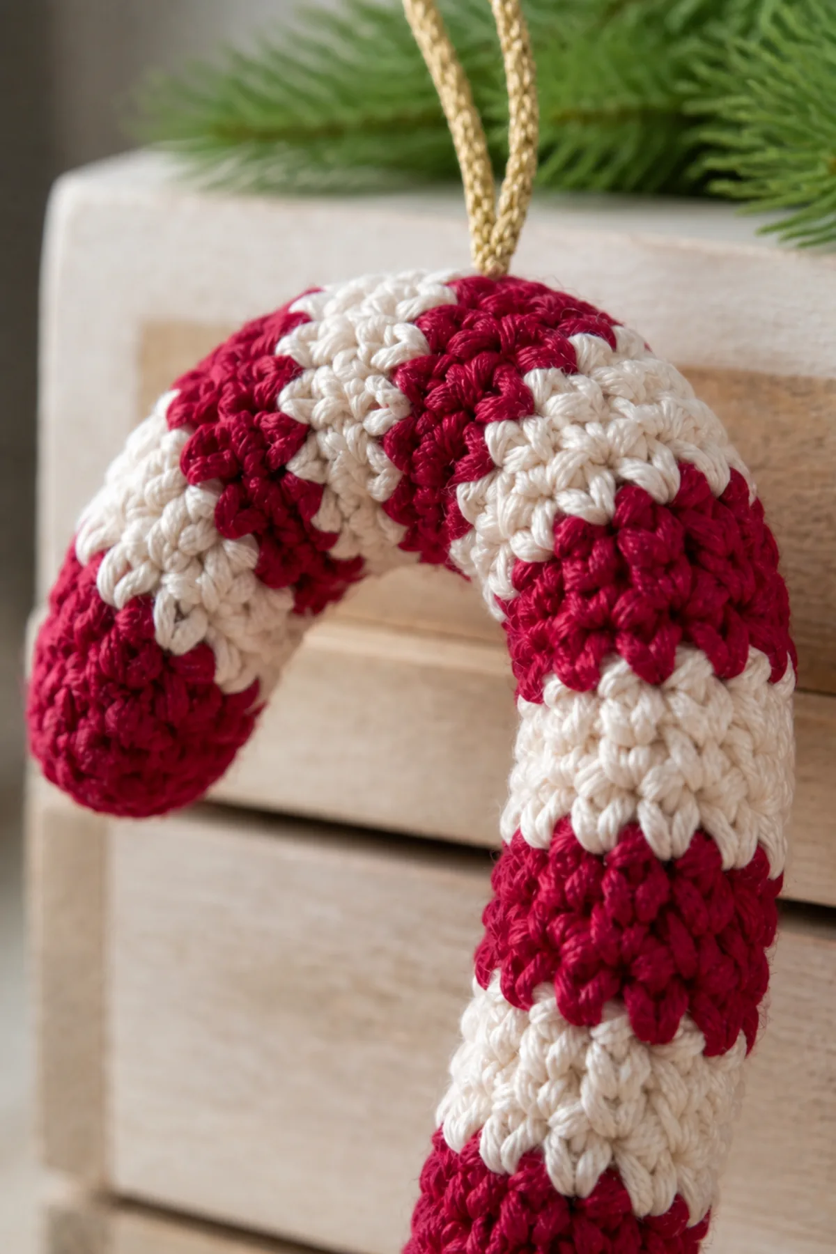 Close-up of crochet stitches and finishing details in cranberry red, cream, and gold