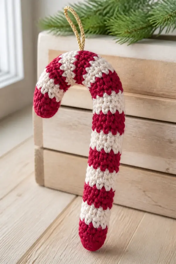 Finished curved red-and-cream striped crochet candy cane tube with gold hanging loop in a warm natural setting