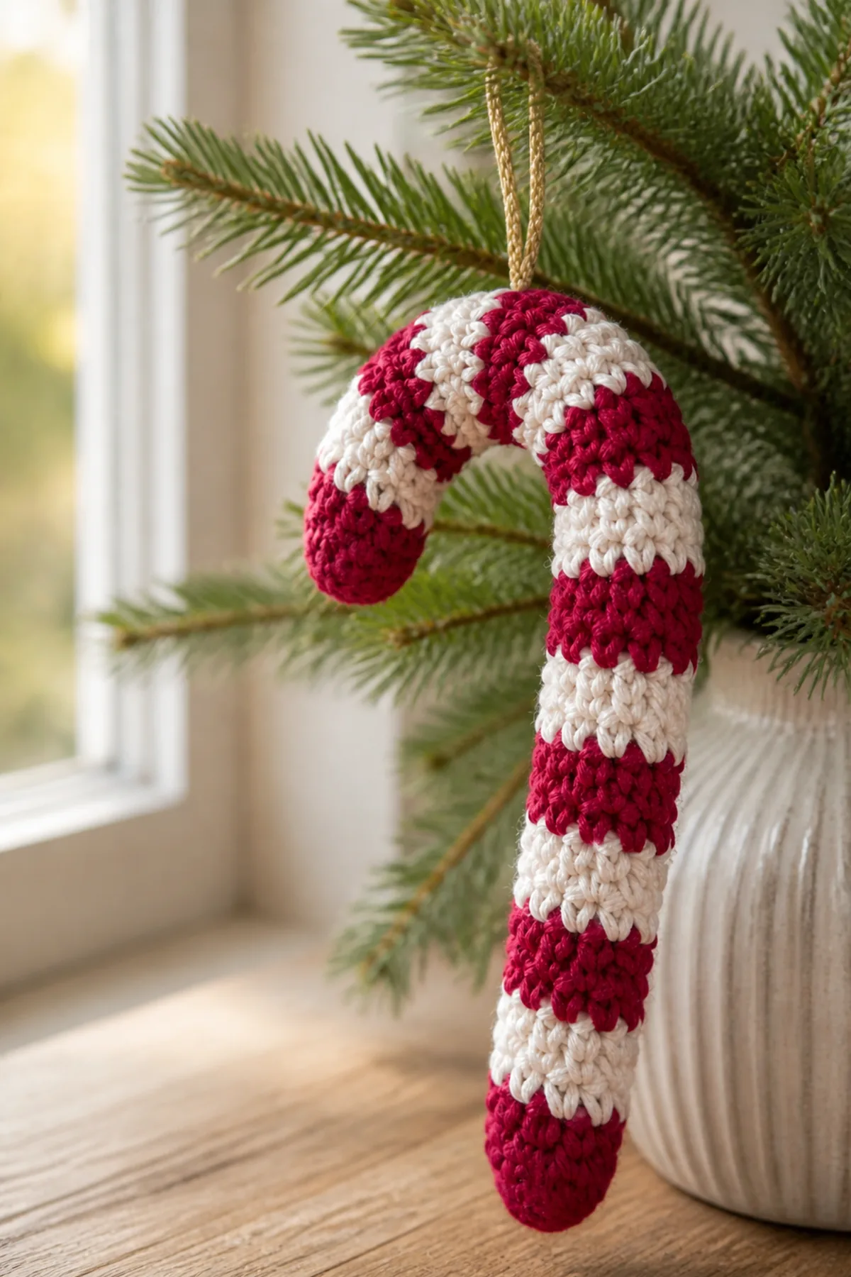 Finished crochet candy cane ornament displayed in a cozy home setting