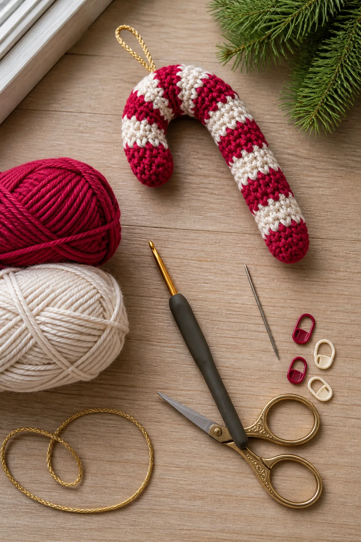 Materials in cranberry red, cream, and gold with crochet hook, needle, markers, scissors, and tape