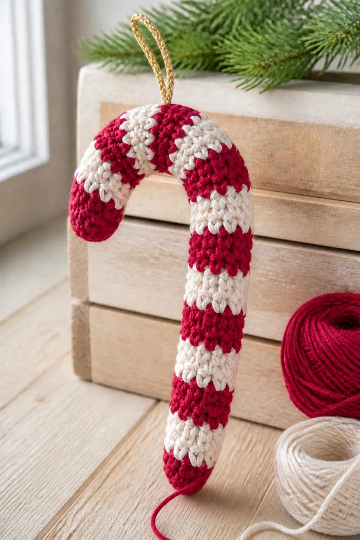Early construction stage of the crochet candy cane ornament