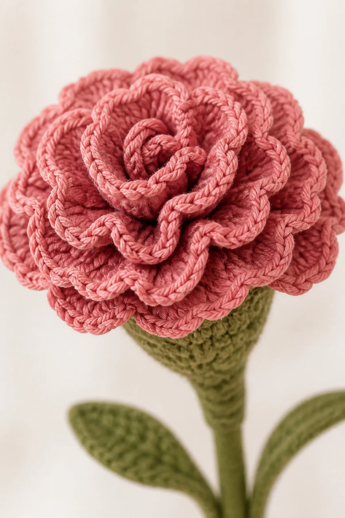 Close-up of layered ruffled crochet carnation petals and green stem transition