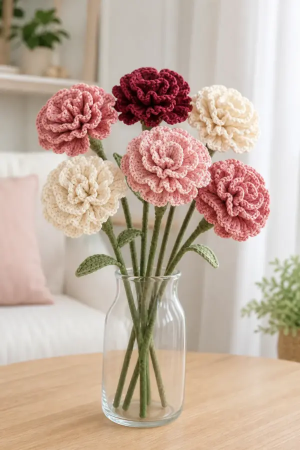 Bouquet of pink, cream, and burgundy crochet carnations in a clear glass vase