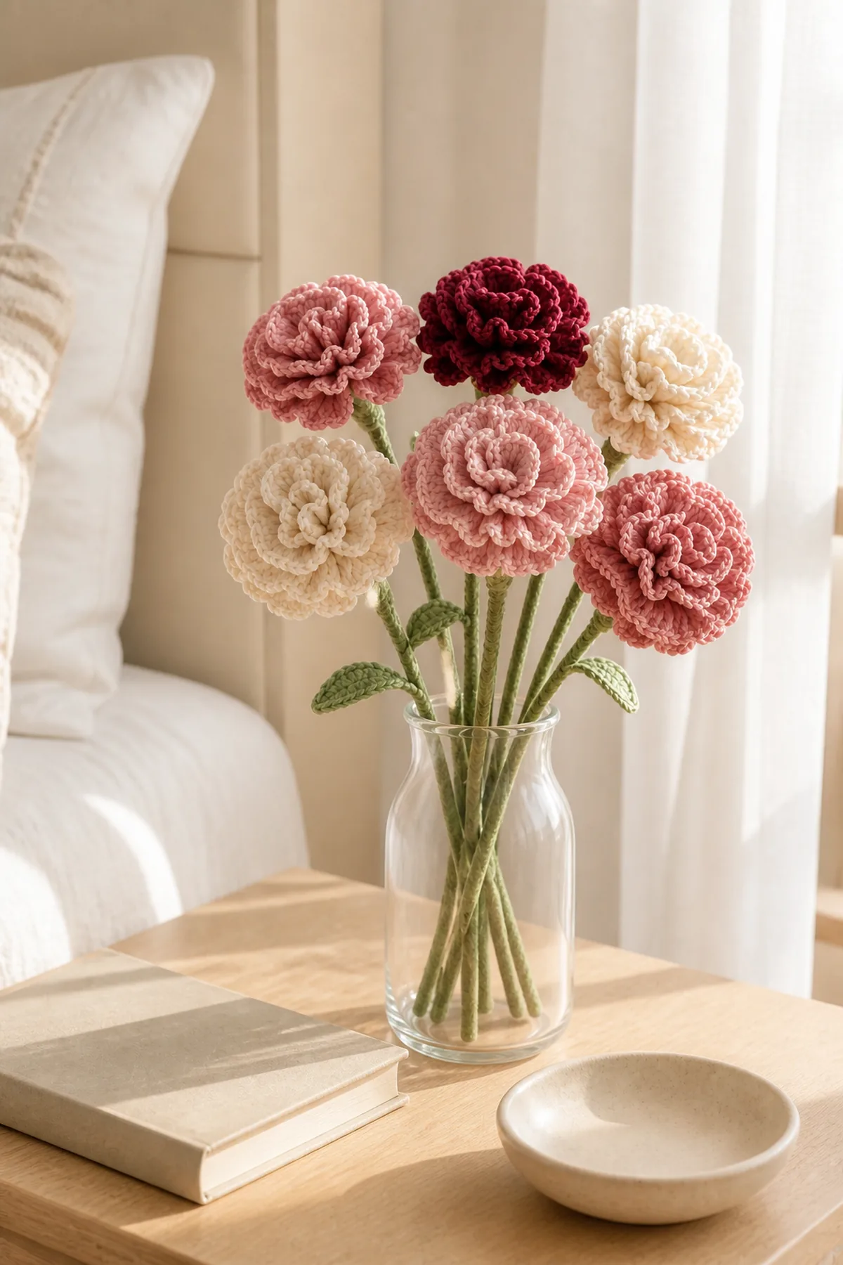 Crochet carnation bouquet in a glass vase on a sunlit bedside table