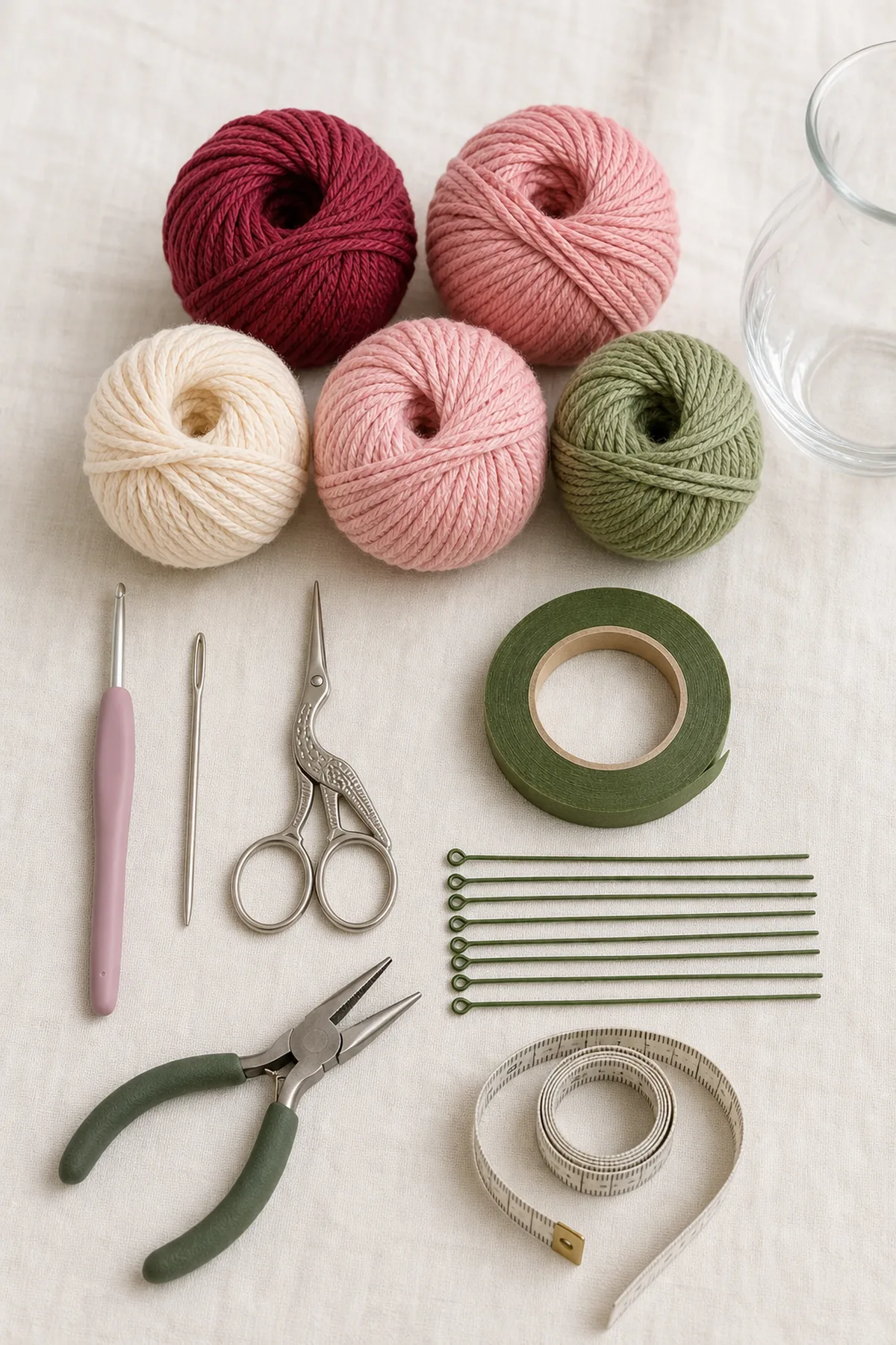 Cotton yarn, hook, floral tape, looped wires, pliers, needle, scissors, tape, and vase