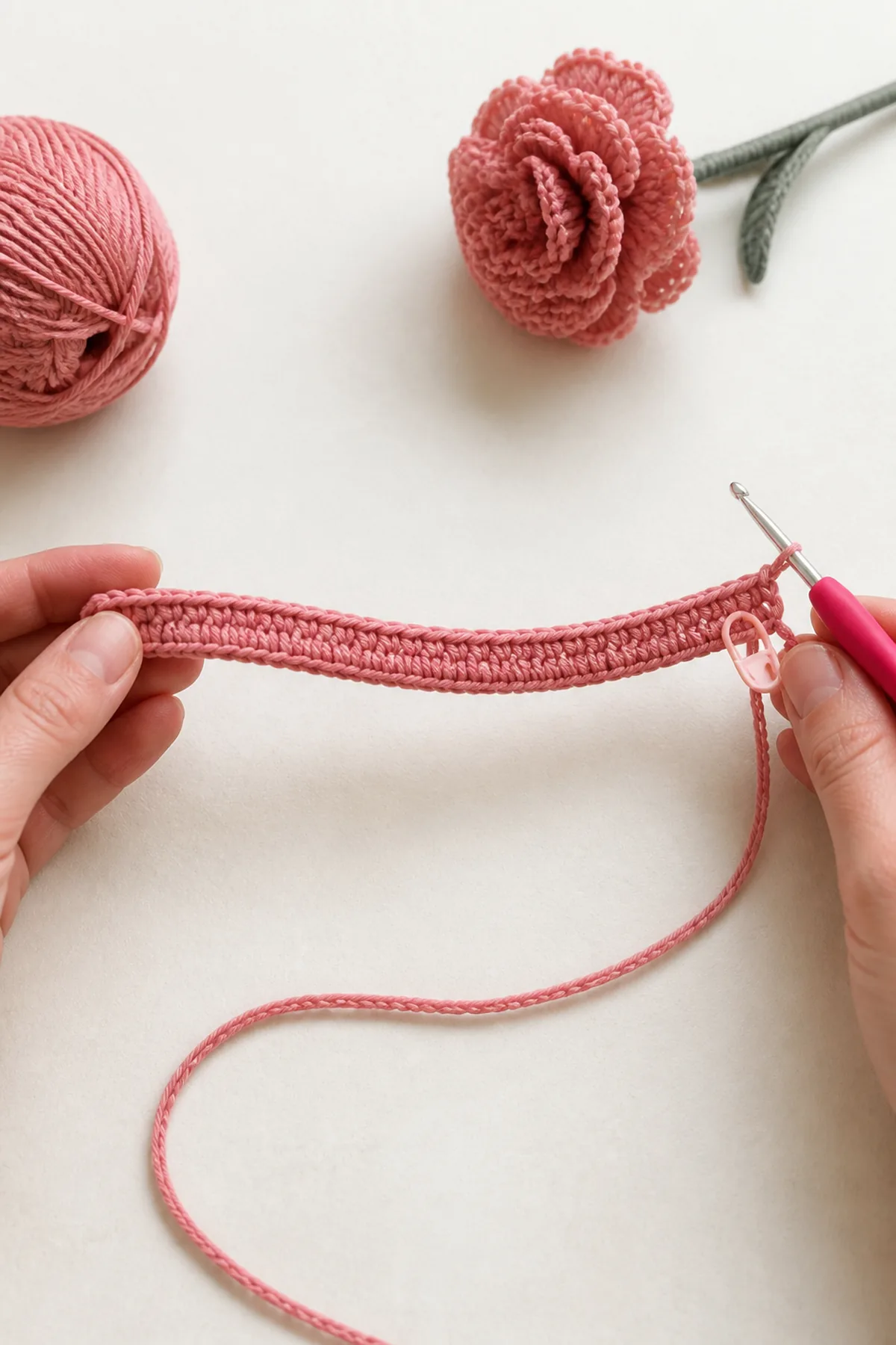 Straight dusty-rose crochet strip after the first counted row