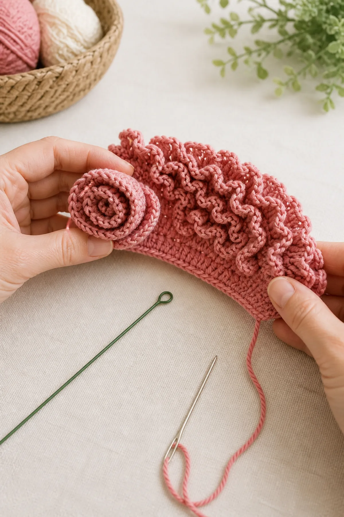 Ruffled dusty-rose crochet strip being rolled into a carnation bloom