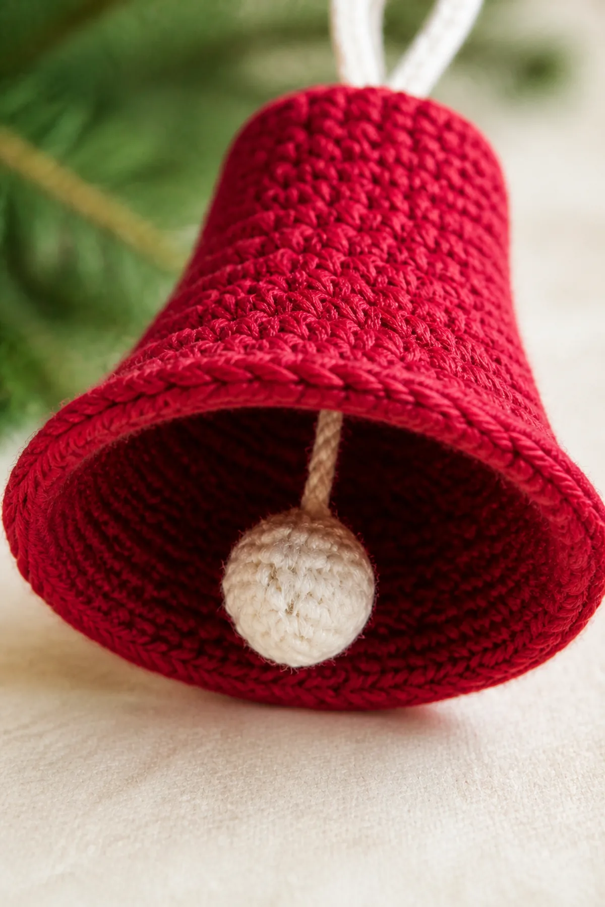 Close view of the crochet bell's flared rim, increase lines, and cream yarn clapper