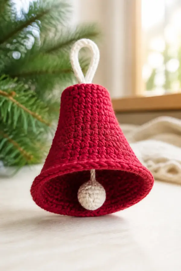 Finished cranberry crochet Christmas bell ornament with a cream clapper and hanging loop