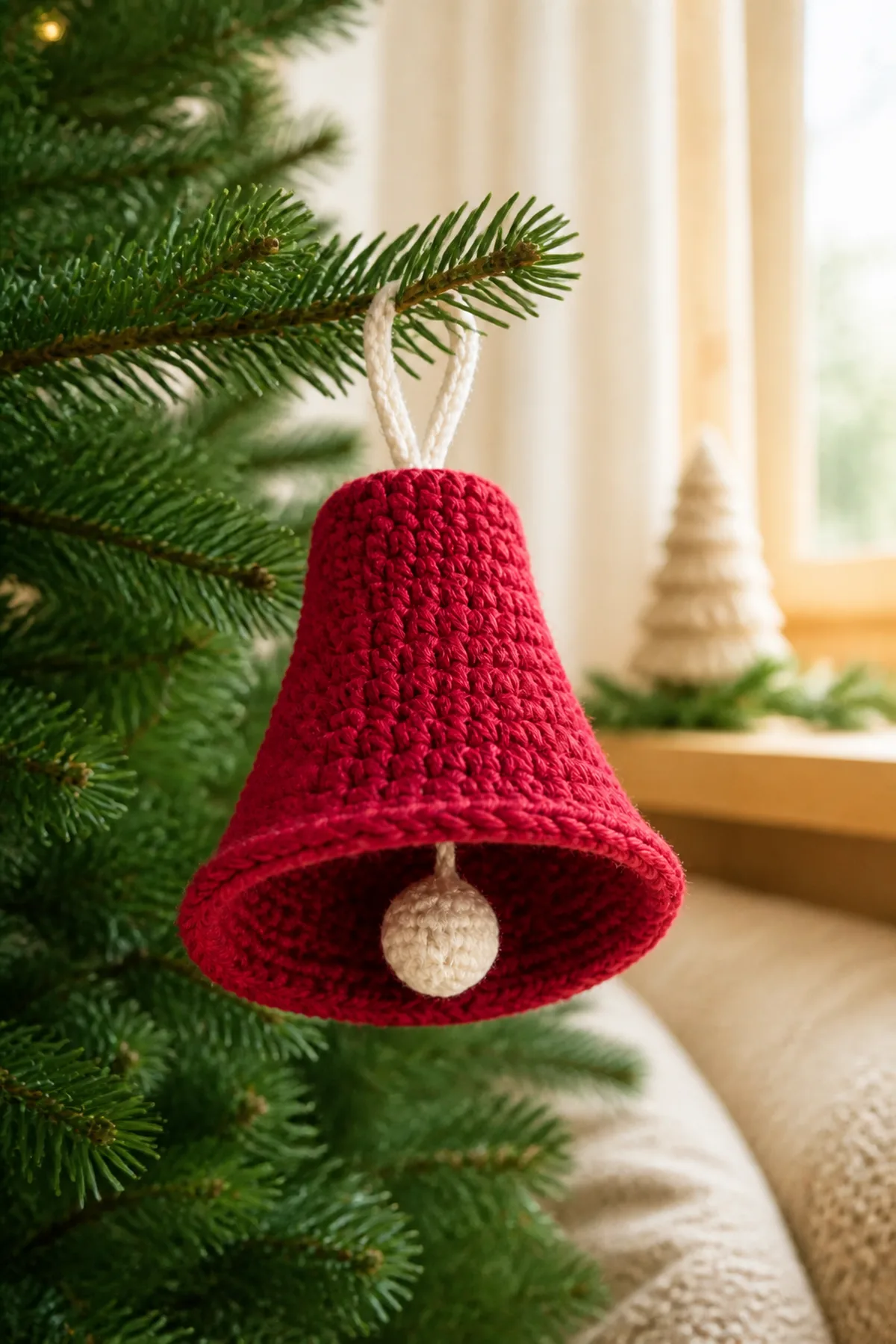Cranberry crochet Christmas bell ornament hanging from an evergreen branch