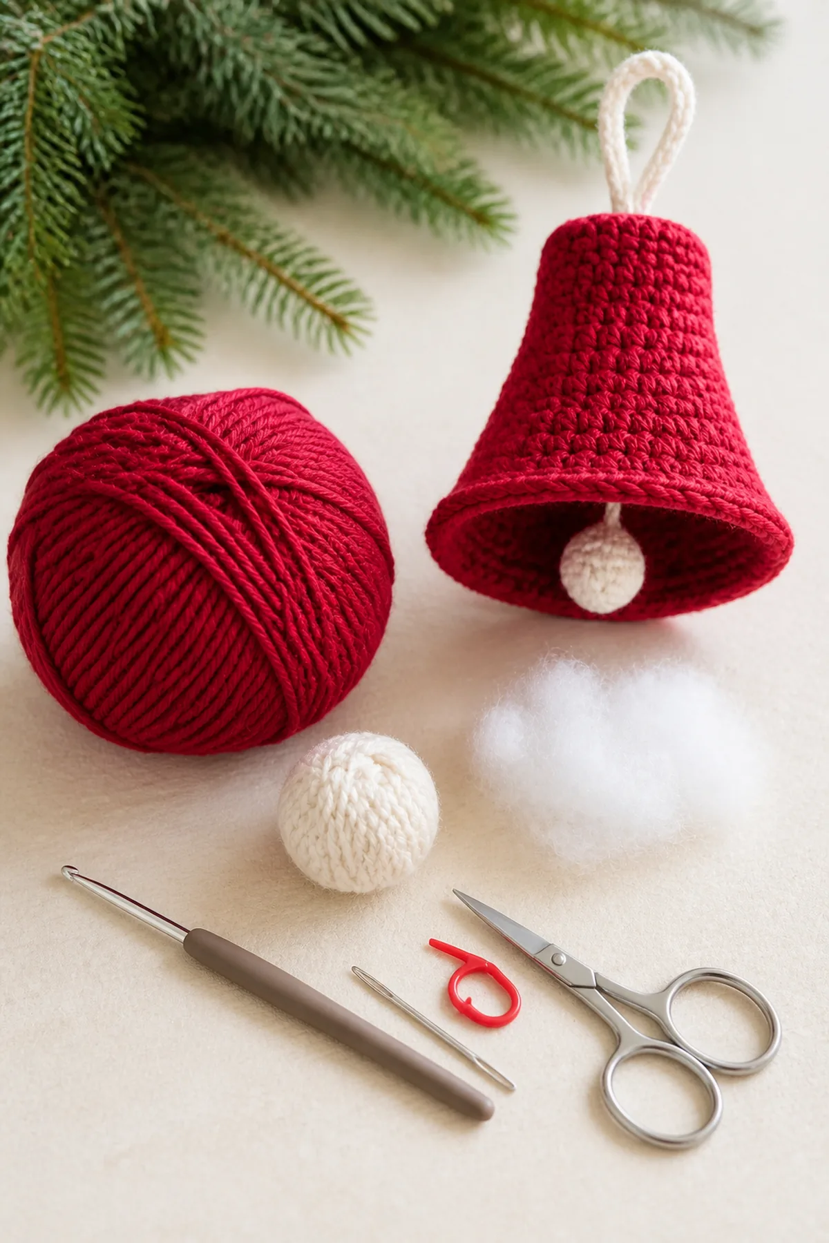 Cranberry and cream yarn with hook, notions, and finished crochet bell ornament