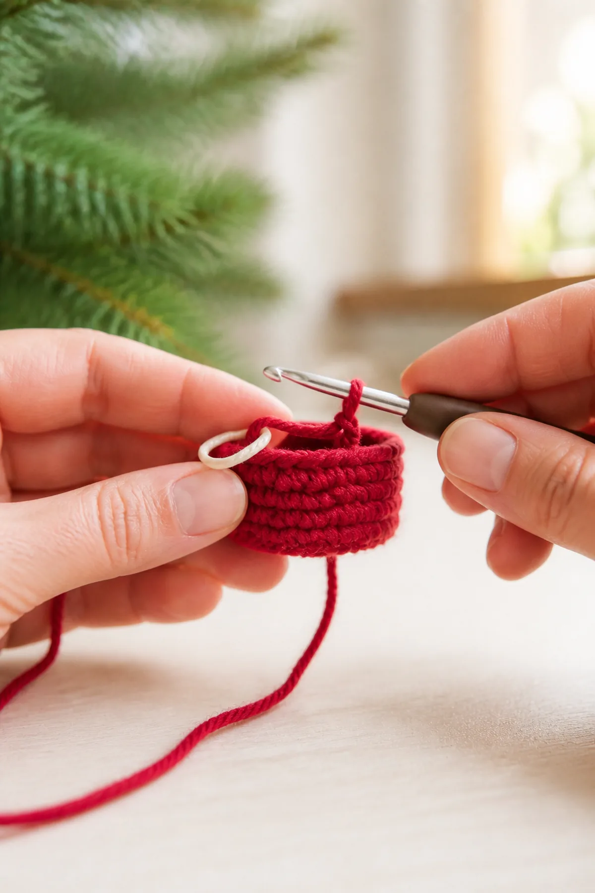 Early narrow crown of the crochet bell worked in cranberry yarn with a round marker