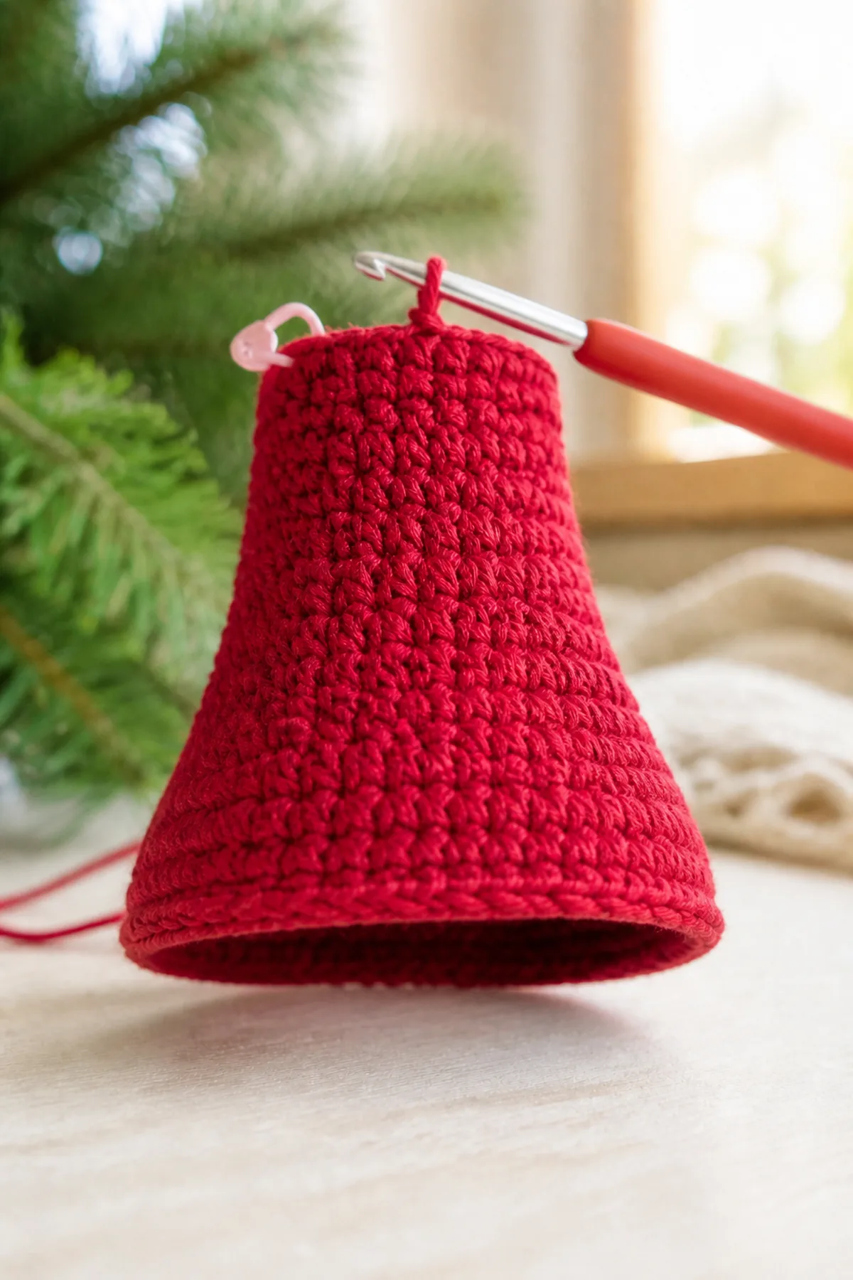 Partially completed crochet bell showing the gradually expanding body before the final flare