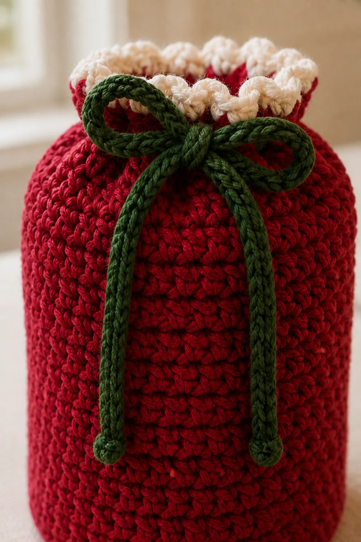 Close-up of crochet stitches and finishing details in cranberry red, cream, and forest green