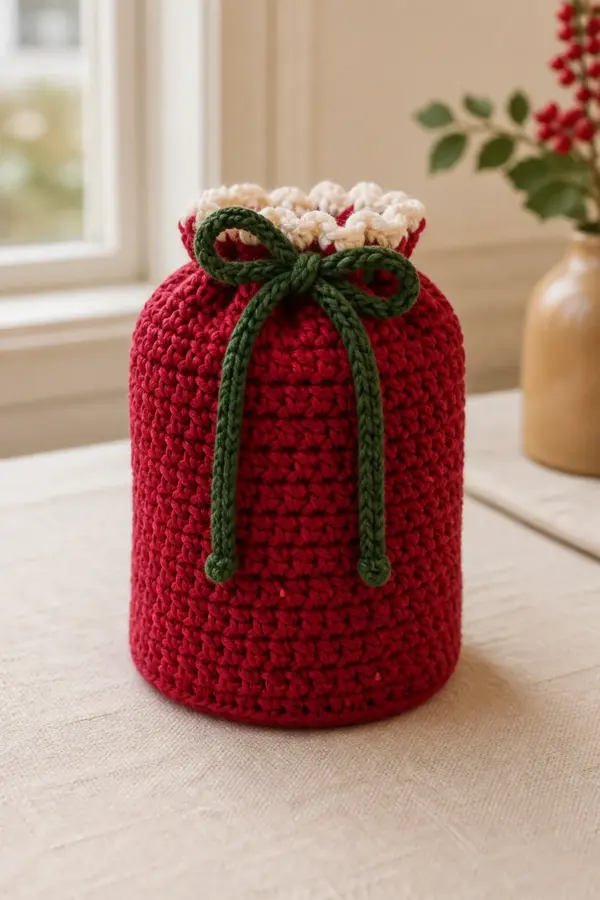 Finished cranberry cylindrical gift bag with round base, cream drawstring channel, and two green cords in a warm natural setting