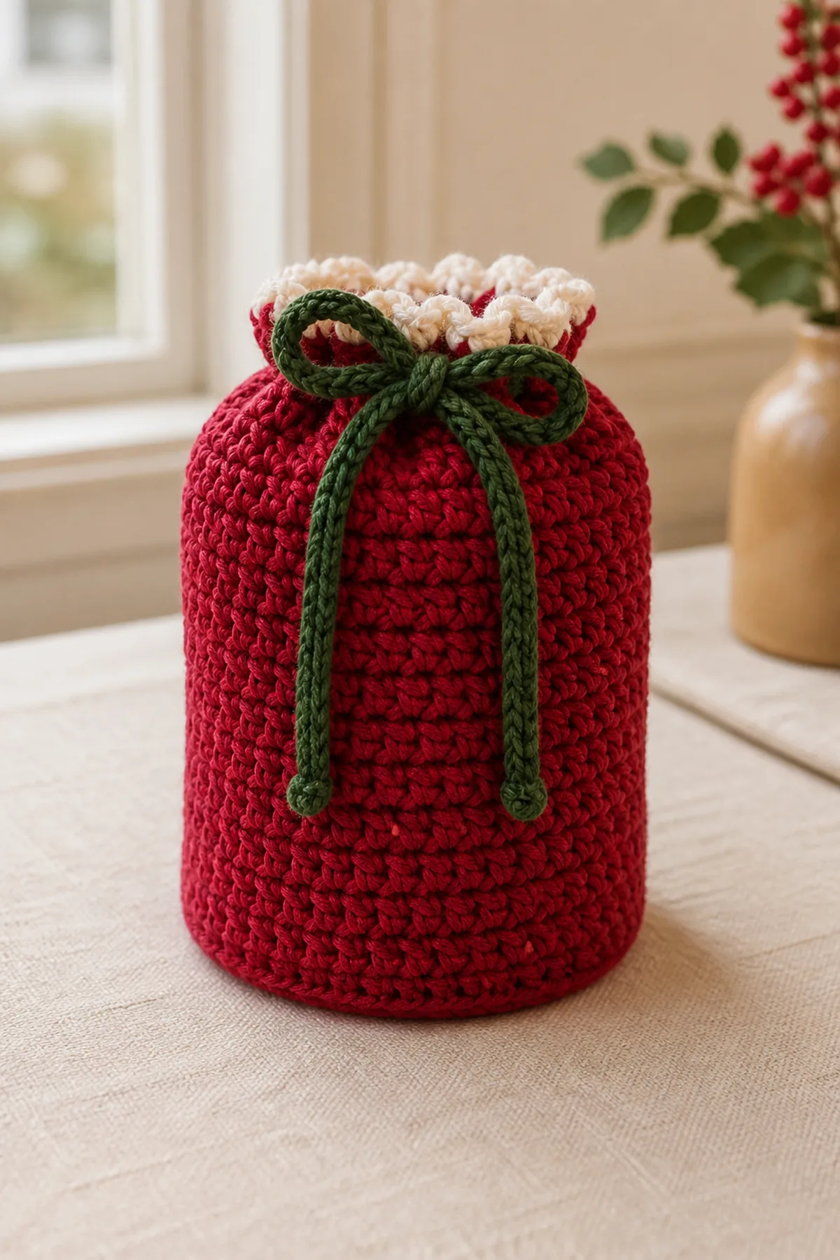Finished cranberry cylindrical gift bag with round base, cream drawstring channel, and two green cords in a warm natural setting