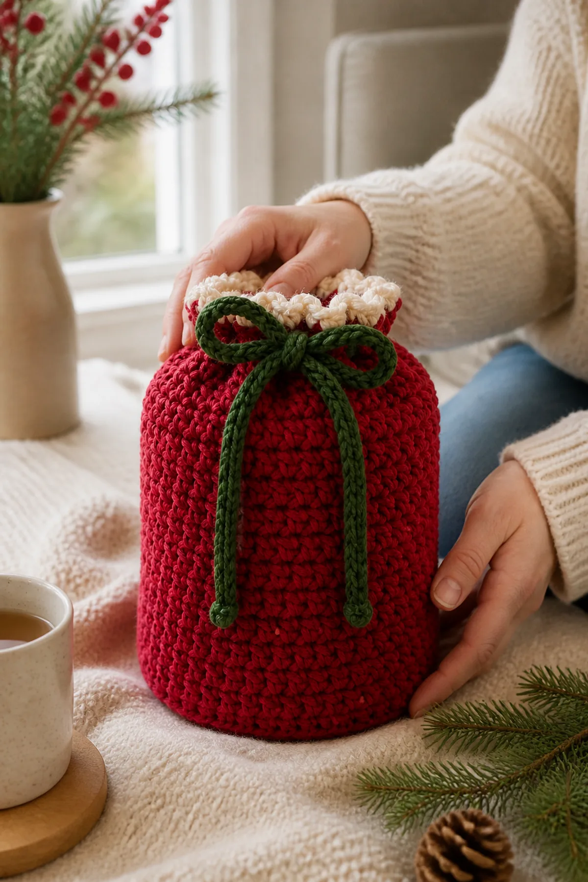 Finished crochet christmas gift bag displayed in a cozy home setting