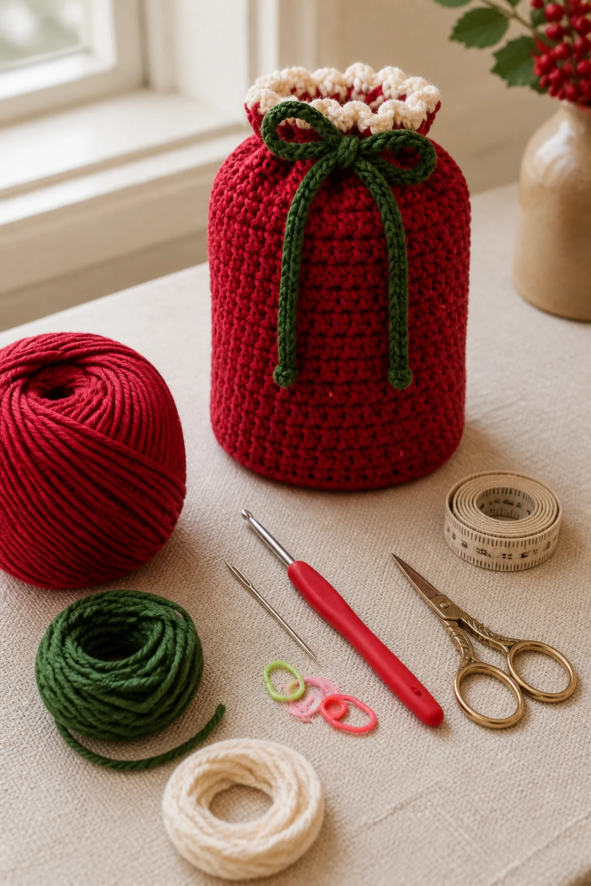 Materials in cranberry red, cream, and forest green with crochet hook, needle, markers, scissors, and tape