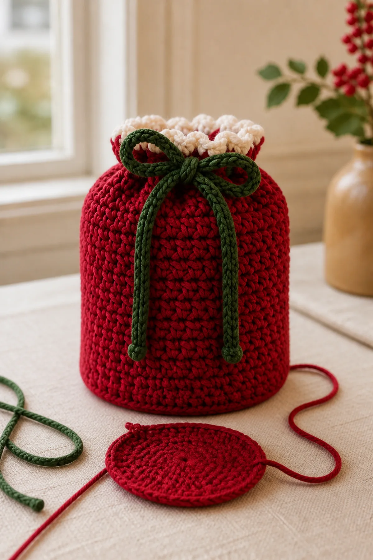 Early construction stage of the crochet christmas gift bag