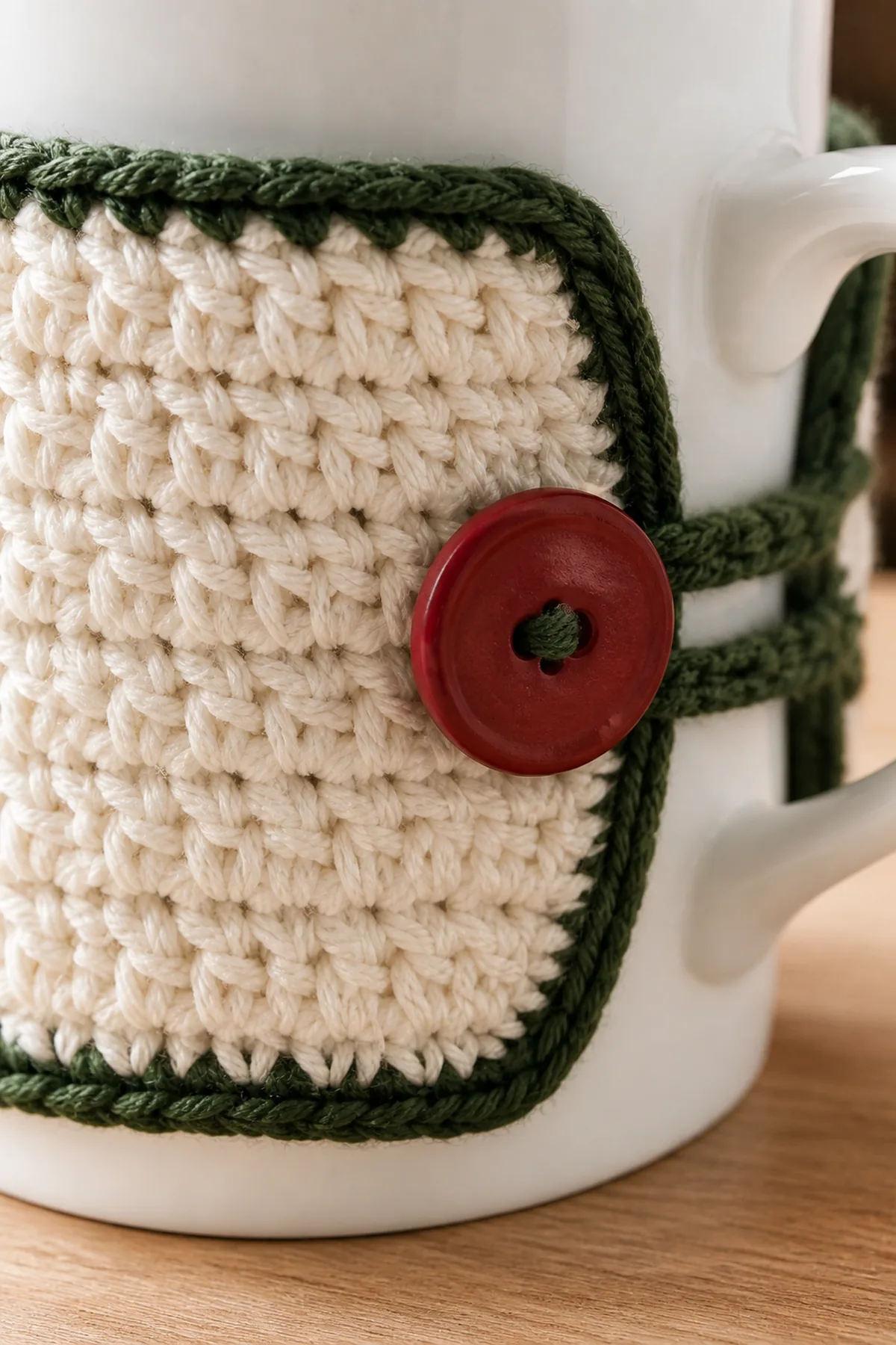 Close-up of crochet stitches and finishing details in cream, forest green, and cranberry red
