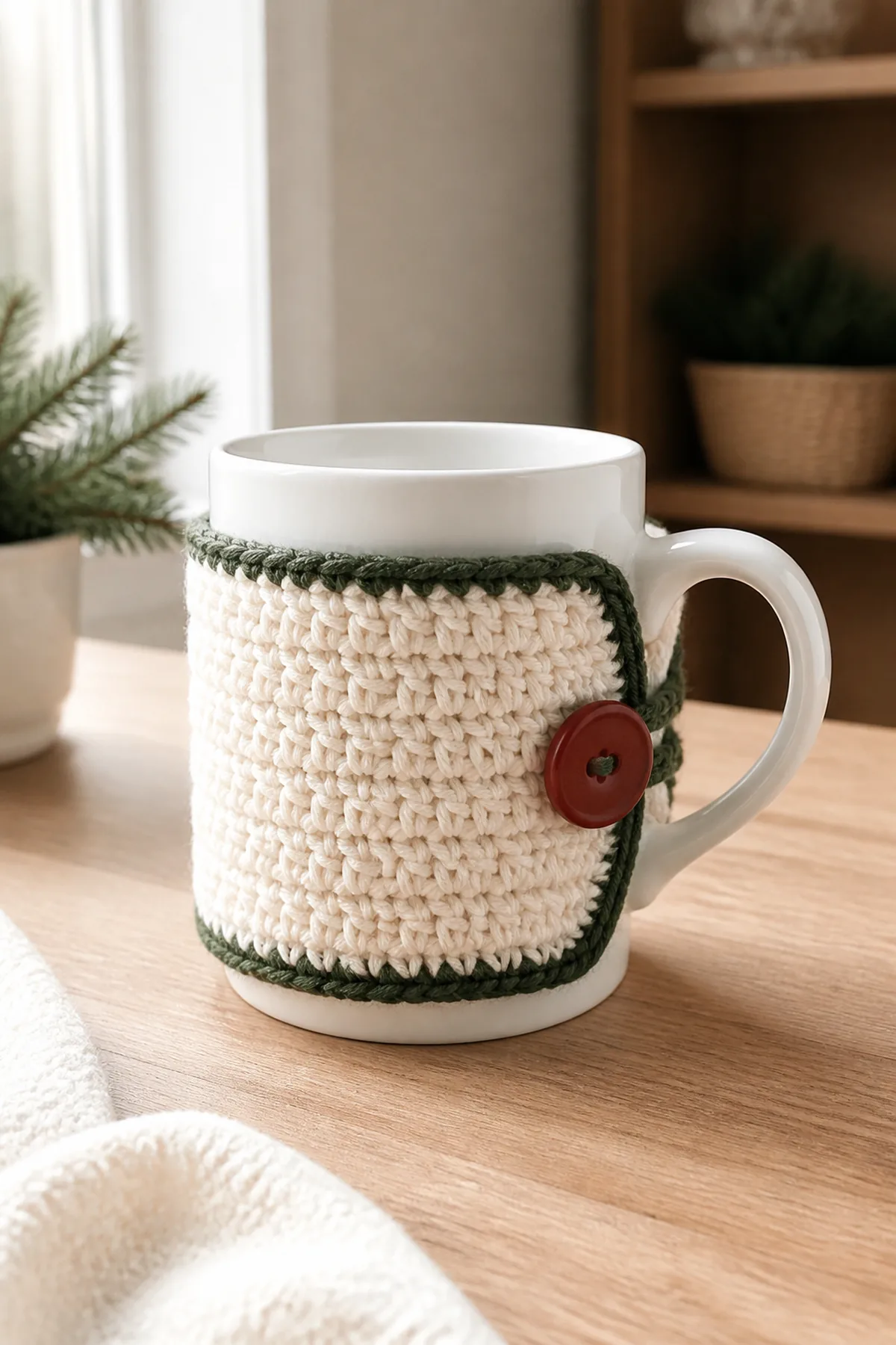 Finished cream ribbed removable mug cozy with green edging and cranberry button-loop closure in a warm natural setting