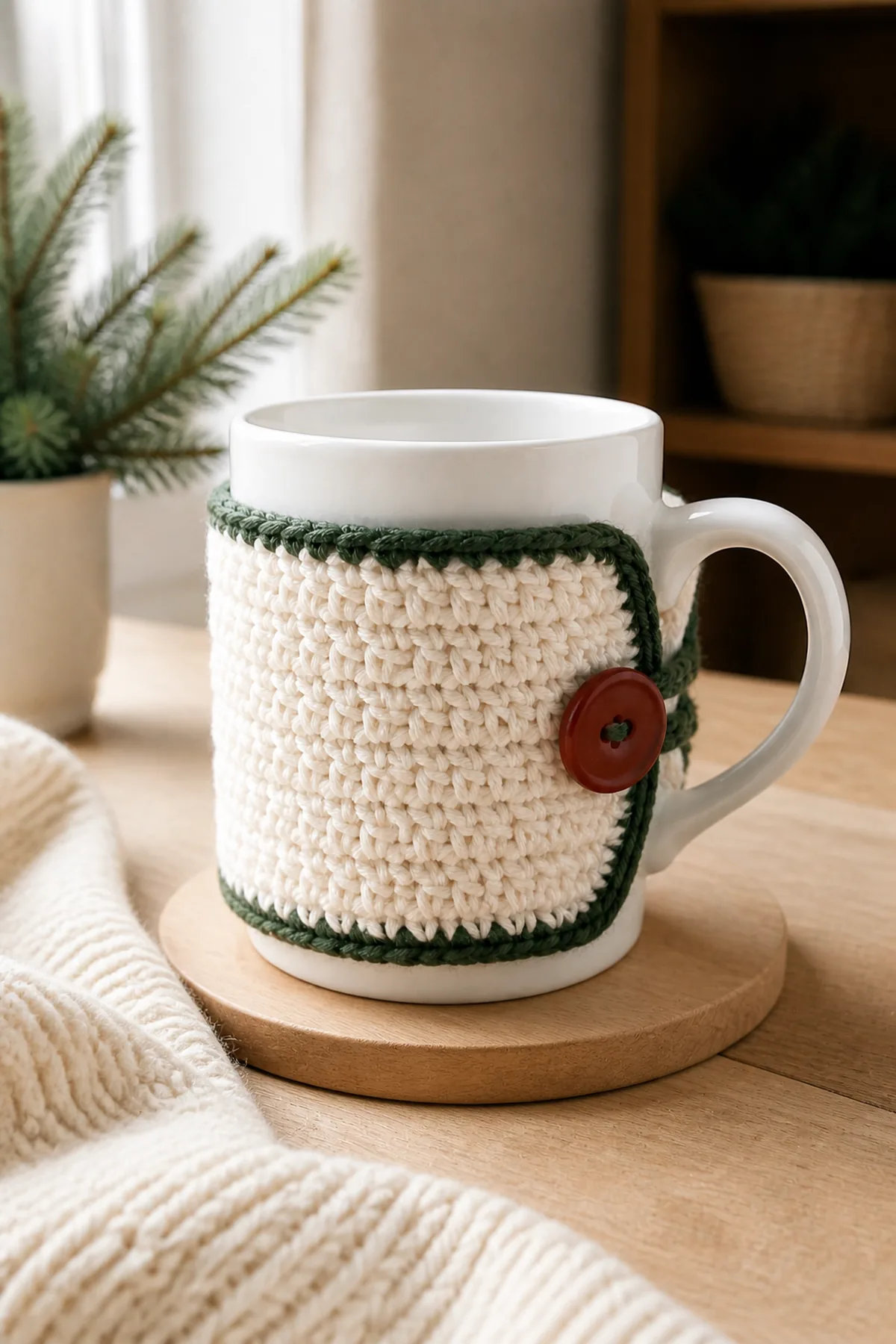 Finished crochet christmas mug cozy displayed in a cozy home setting
