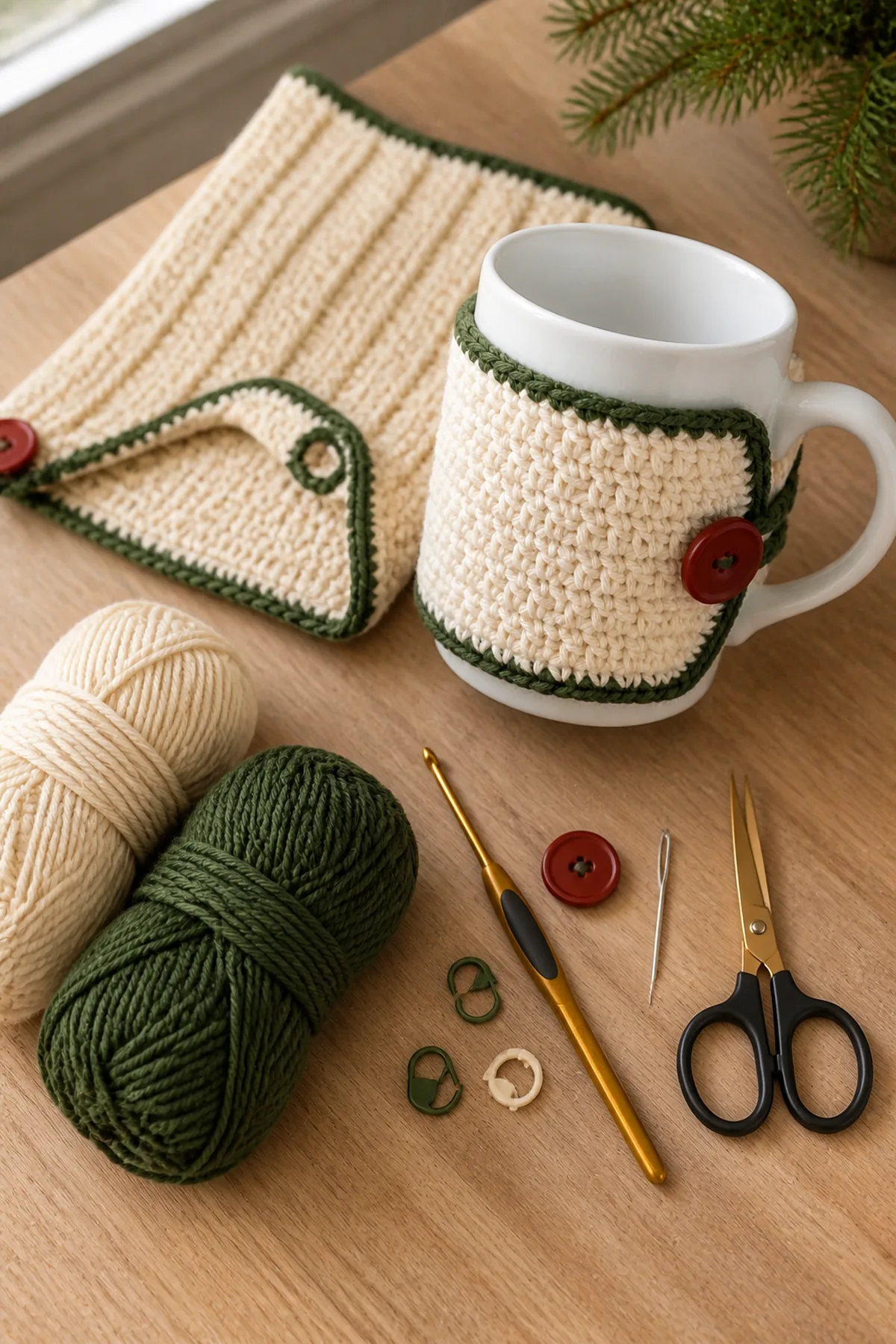 Materials in cream, forest green, and cranberry red with crochet hook, needle, markers, scissors, and tape