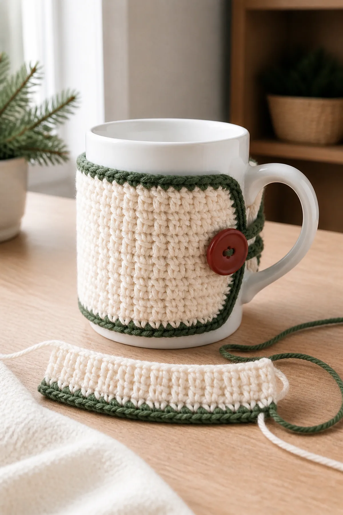 Early construction stage of the crochet christmas mug cozy