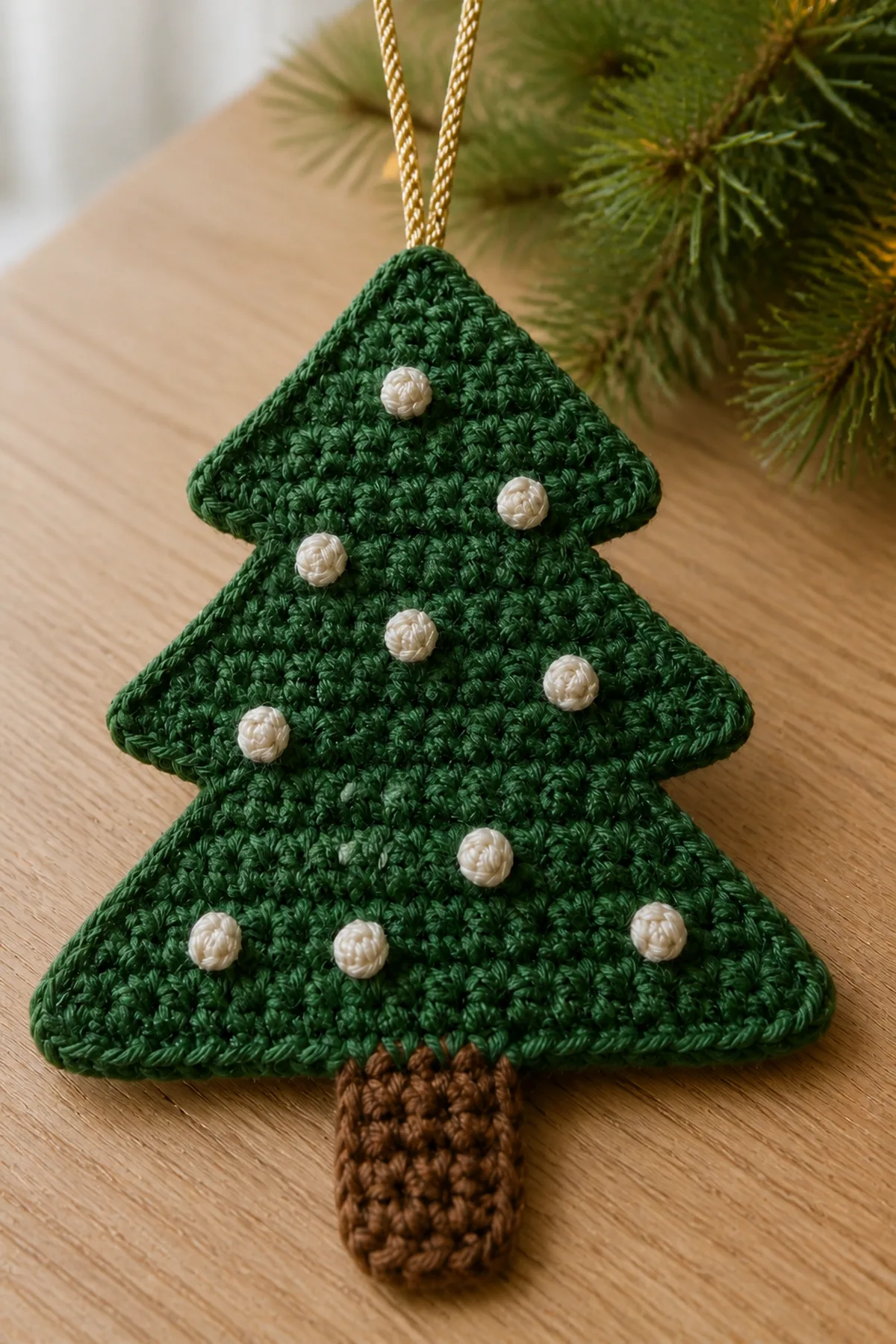 Close-up of crochet stitches and finishing details in forest-green, warm-brown, cream, and gold