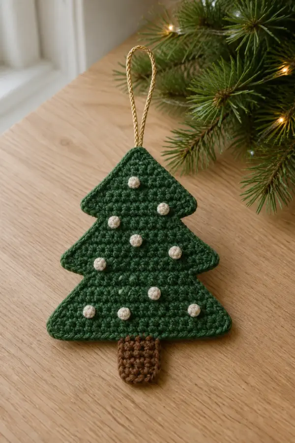 Finished flat forest-green three-tier crochet tree with a brown trunk, cream bobbles, and gold yarn loop in a warm natural setting